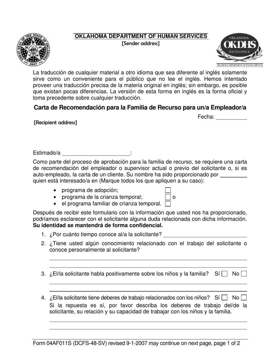 Formulario 04AF011S (DCFS-48-SV) Carta De Recomendacion Para La Familia De Recurso Para Un Empleador - Oklahoma (Spanish), Page 1