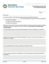 Document preview: Formulario 04AF016S Carta De La Referencia Personal De La Familia De Recursos - Oklahoma (Spanish)