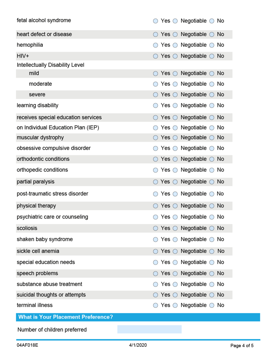 Form 04AF018E Child Needs Information List - Oklahoma (English / Spanish), Page 4