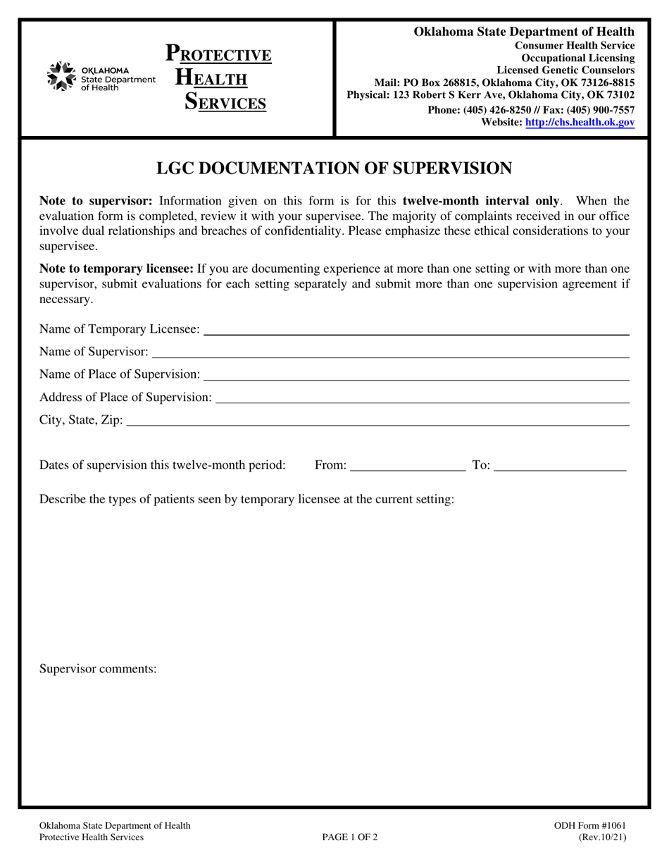 ODH Form 1061 Download Fillable PDF or Fill Online Lgc Documentation of Supervision, Oklahoma