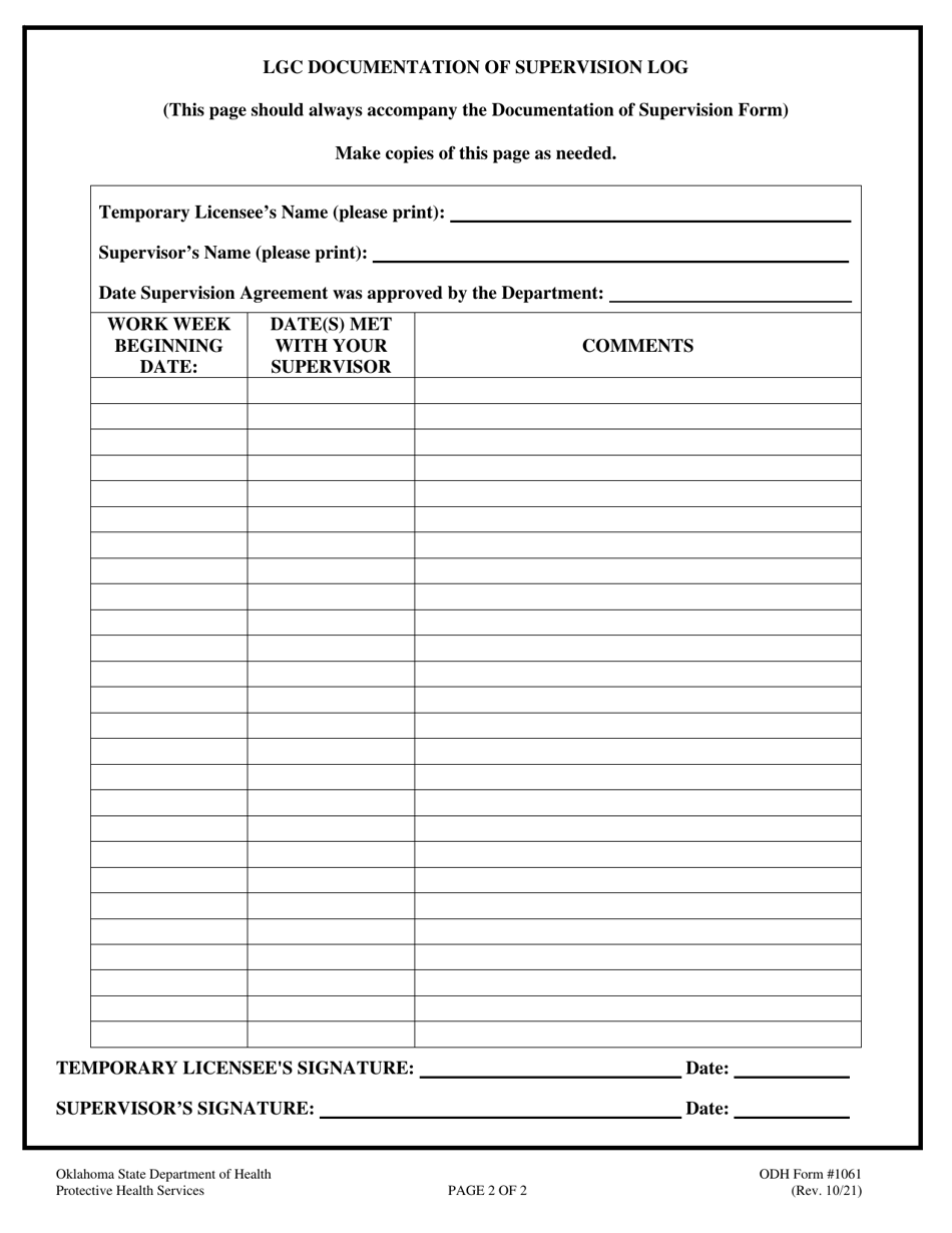 ODH Form 1061 Lgc Documentation of Supervision - Oklahoma, Page 2