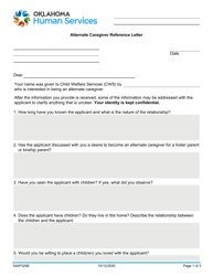 Document preview: Form 04AF026E Alternate Caregiver Reference Letter - Oklahoma