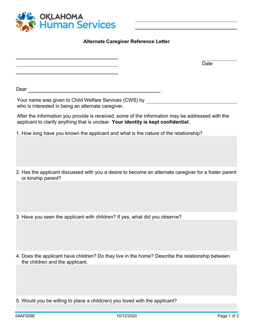 Form 04AF026E Alternate Caregiver Reference Letter - Oklahoma