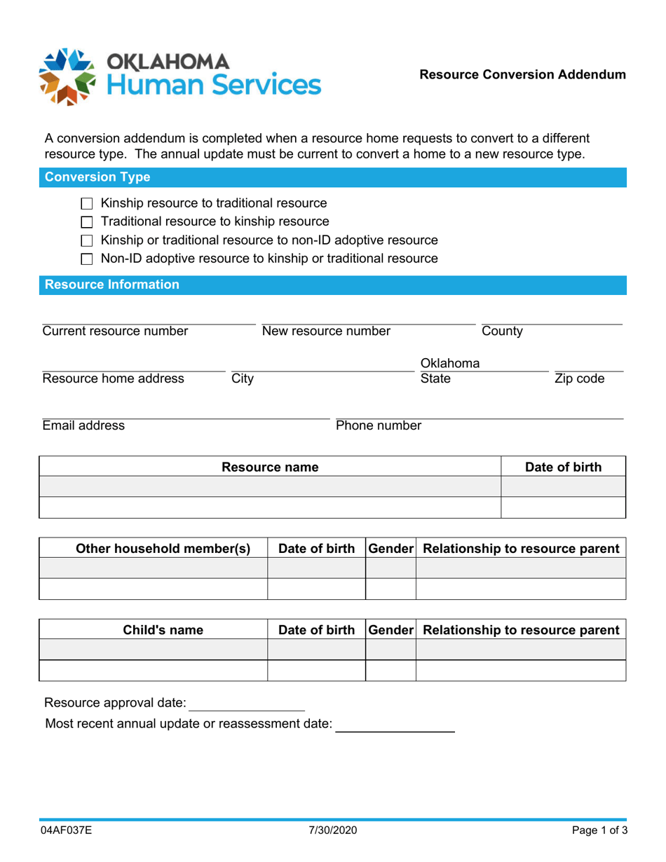 Form 04AF037E Resource Conversion Addendum - Oklahoma, Page 1