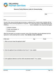 Document preview: Form 04AF025E Resource Family Reference Letter for Home Schooling - Oklahoma