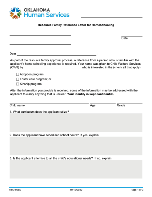 Form 04AF025E Resource Family Reference Letter for Home Schooling - Oklahoma
