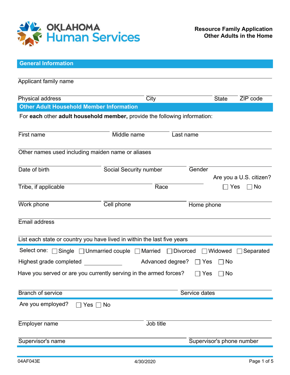 Form 04AF043E Resource Family Application - Other Adults in the Home - Oklahoma, Page 1