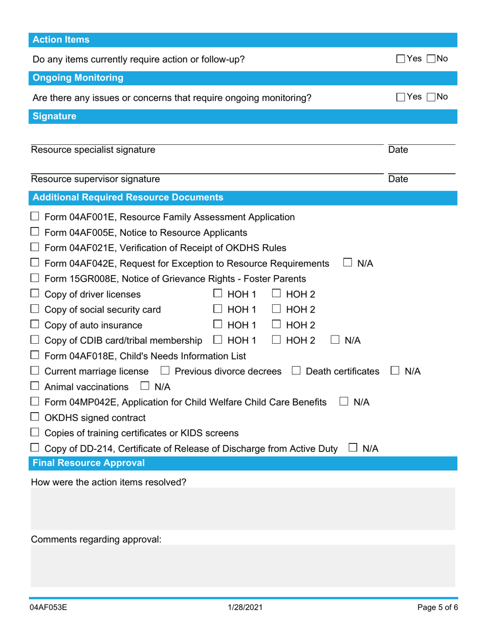 Form 04AF053E Resource Family Assessment Review Tool - Oklahoma, Page 5