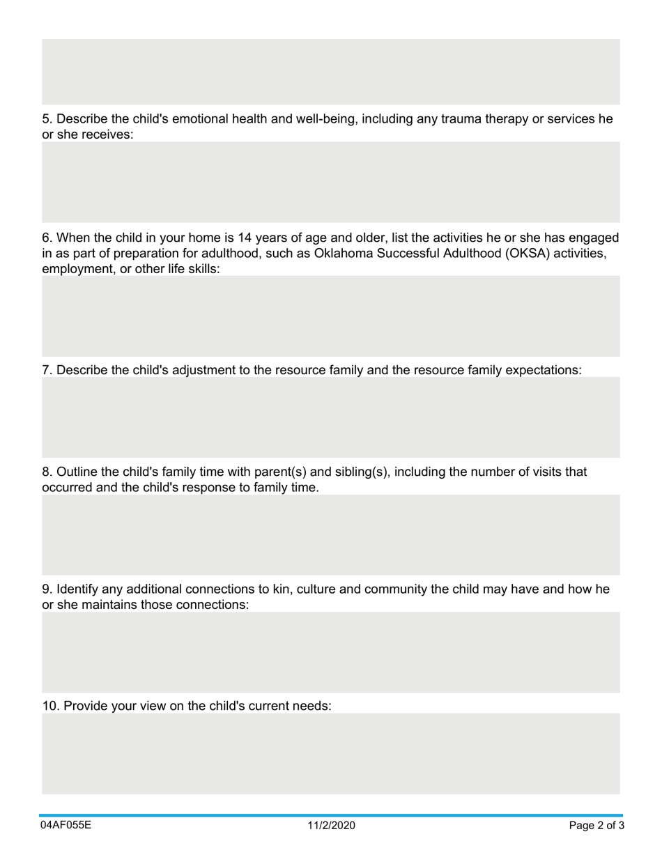 Form 04AF055E Resource Parent Report to the Court - Oklahoma, Page 2