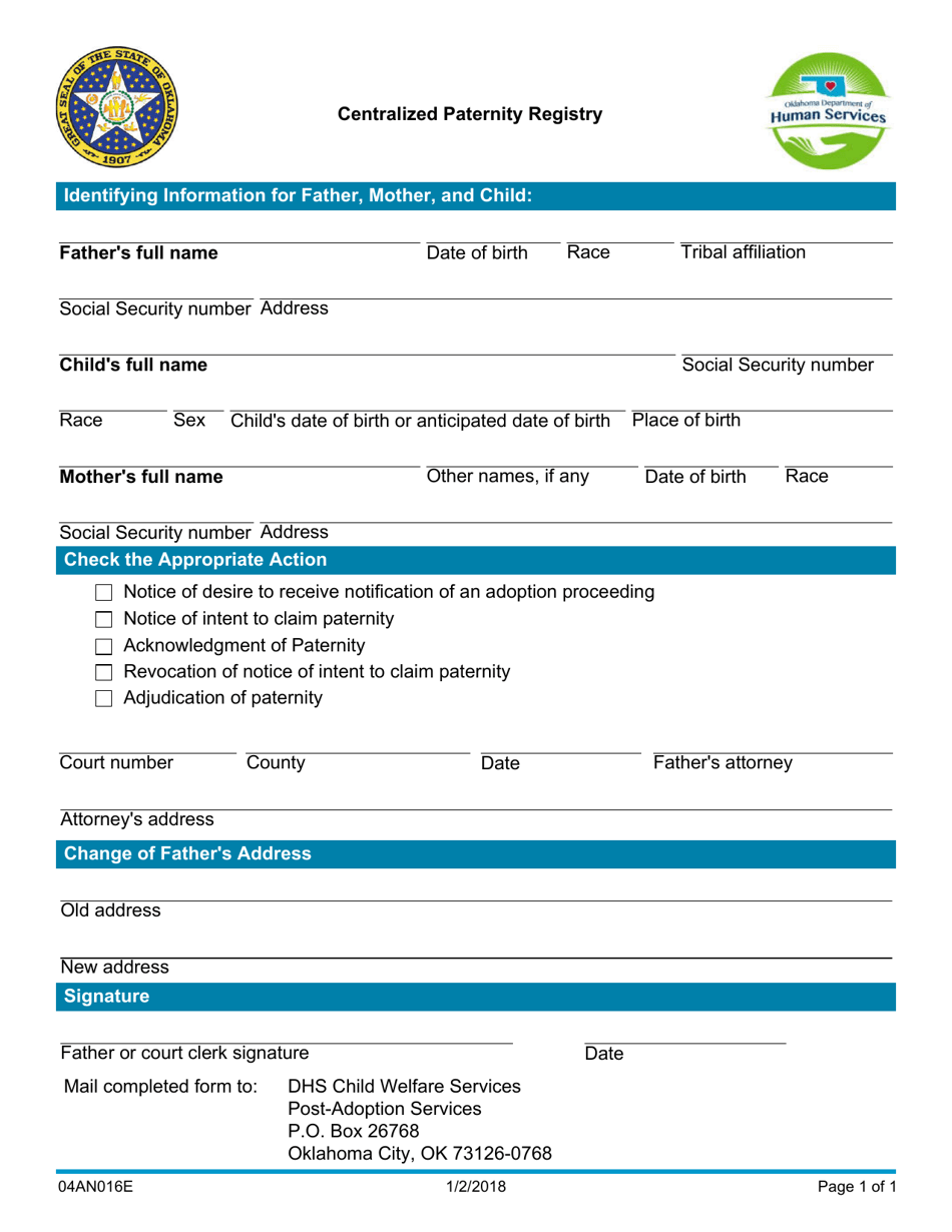 Form 04AN016E Centralized Paternity Registry - Oklahoma, Page 1