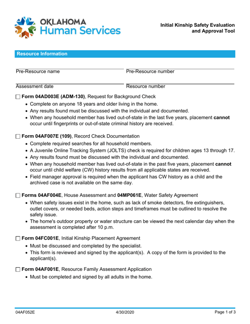 Form 04AF052E Initial Kinship Safety Evaluation and Approval Tool - Oklahoma