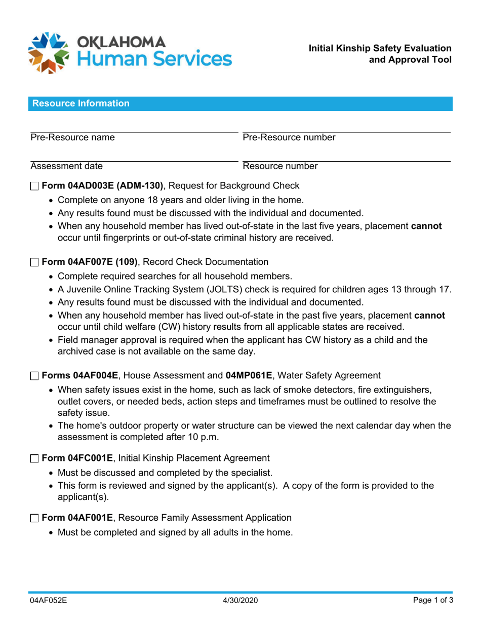 Form 04AF052E Initial Kinship Safety Evaluation and Approval Tool - Oklahoma, Page 1