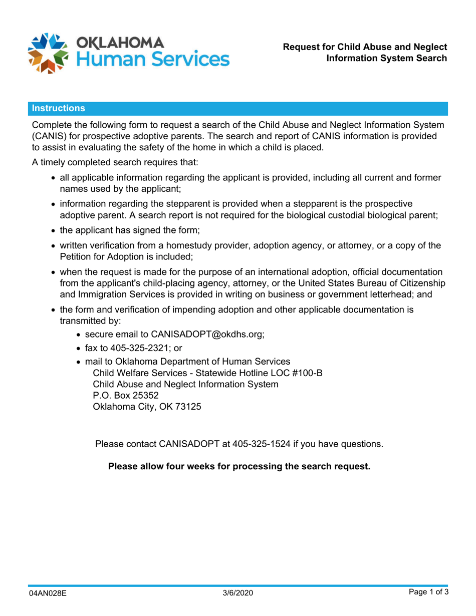 Form 04AN028E Request for Child Abuse and Neglect Information System Search - Oklahoma, Page 1