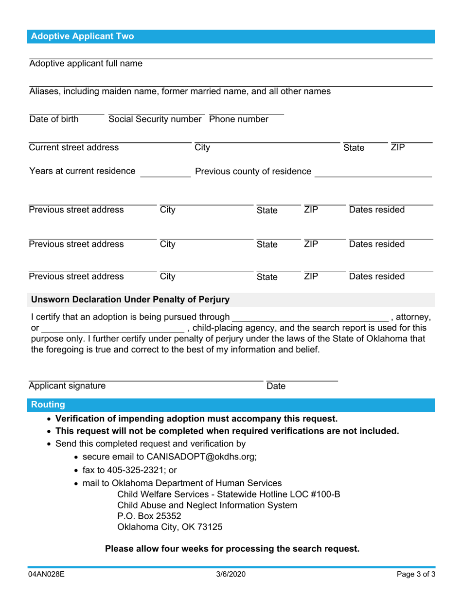 Form 04AN028E Request for Child Abuse and Neglect Information System Search - Oklahoma, Page 3
