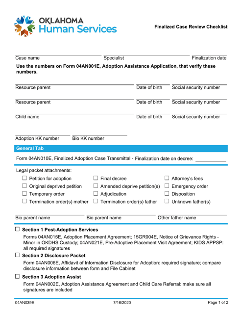 Form 04AN039E Finalized Case Review Checklist - Oklahoma