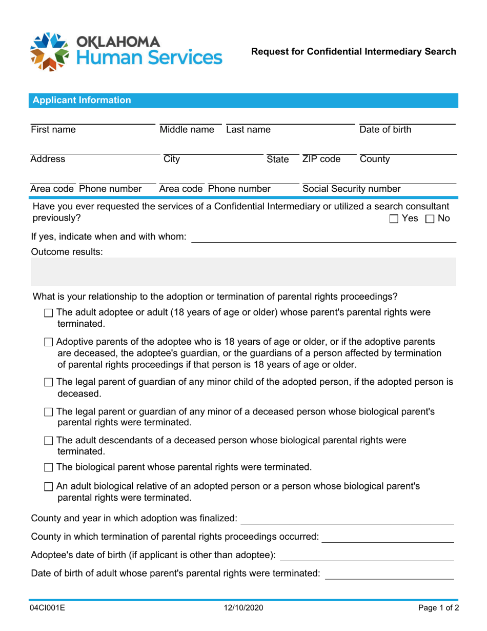 Form 04CI001E Request for Confidential Intermediary Search - Oklahoma, Page 1