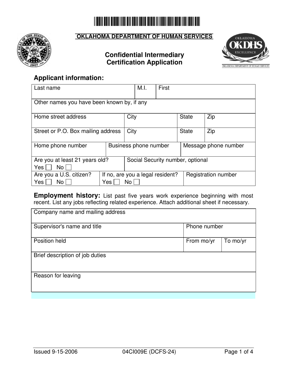 Form 04CI009E (DCFS-24) Confidential Intermediary Certification Application - Oklahoma, Page 1