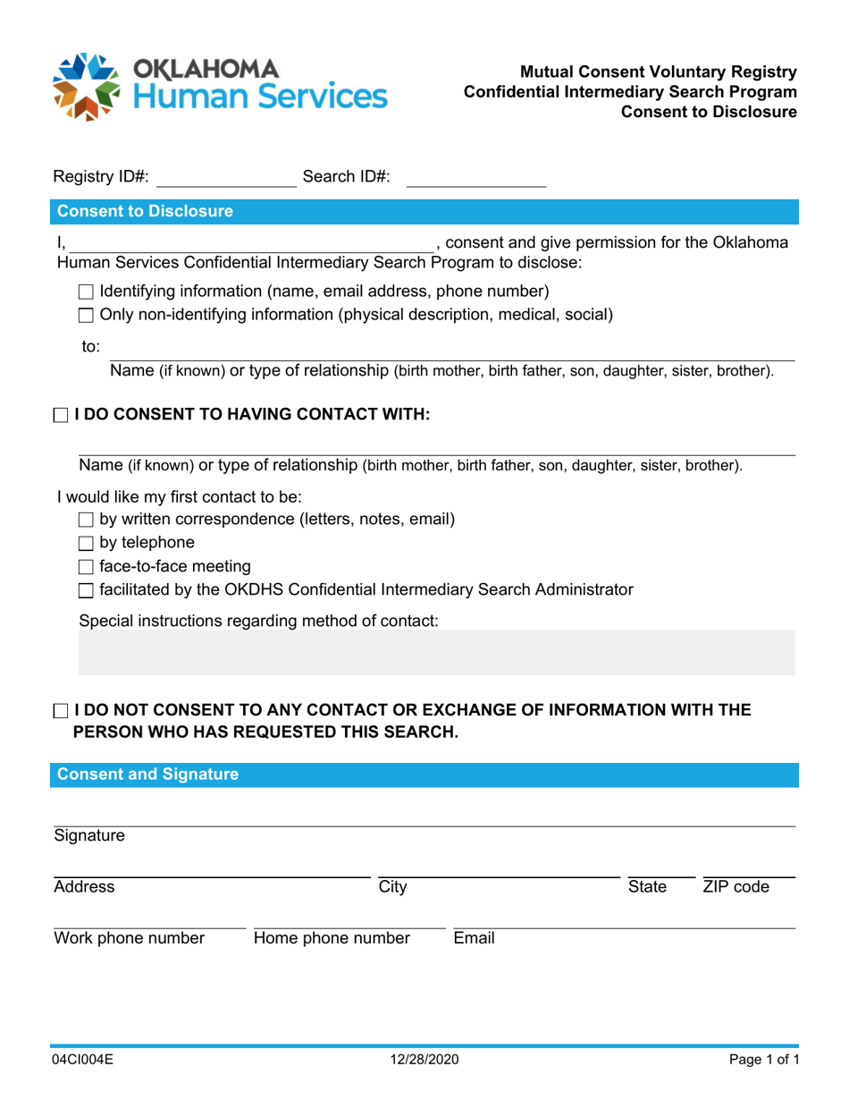 Form 04CI004E Mutual Consent Voluntary Registry Confidential Intermediary Search Program Consent to Disclosure - Oklahoma, Page 1