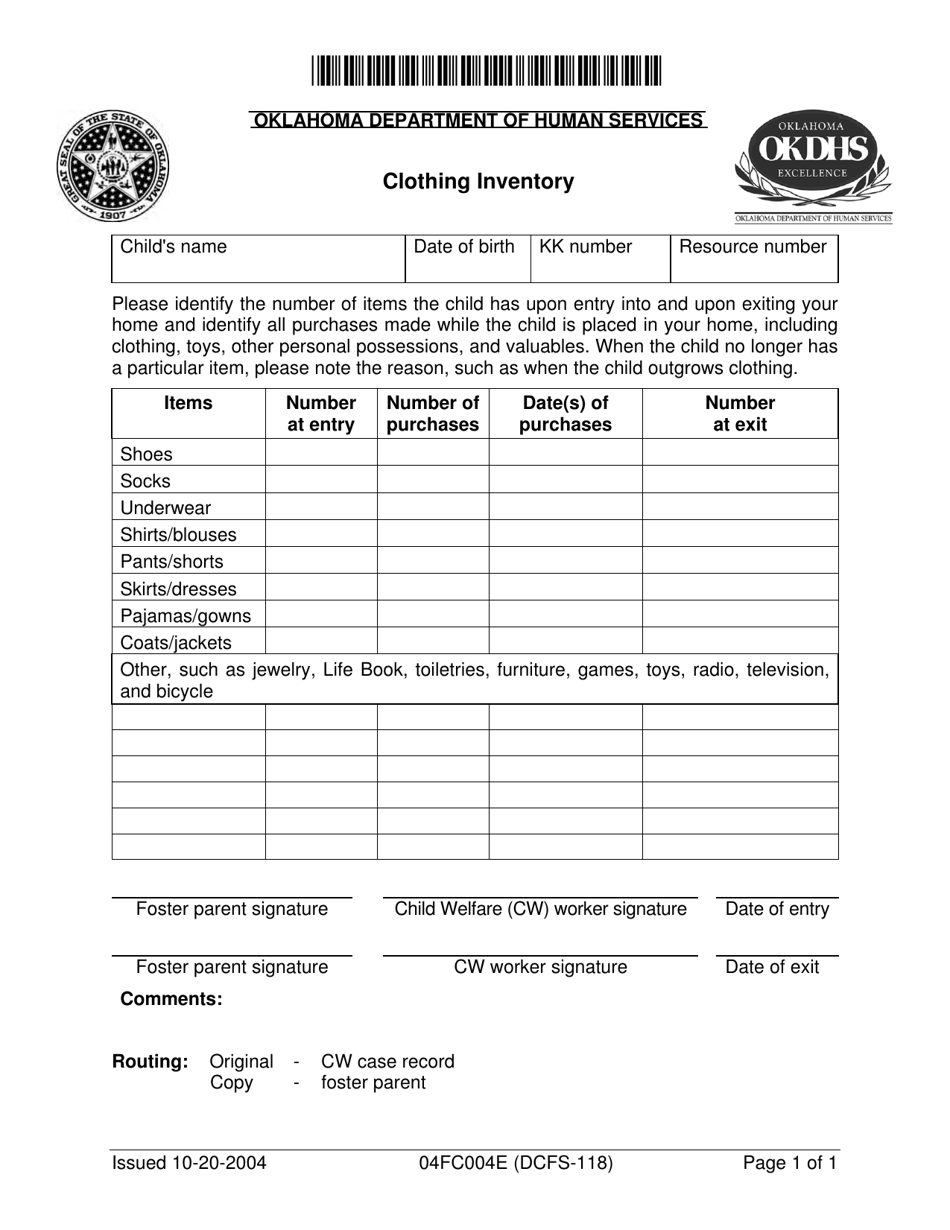 Form 04FC004E (DCFS-118) Clothing Inventory - Oklahoma, Page 1