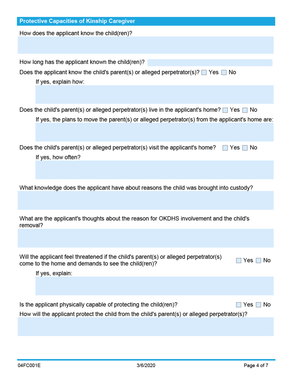 Form 04FC001E Initial Kinship Placement Agreement - Oklahoma (English / Spanish), Page 4