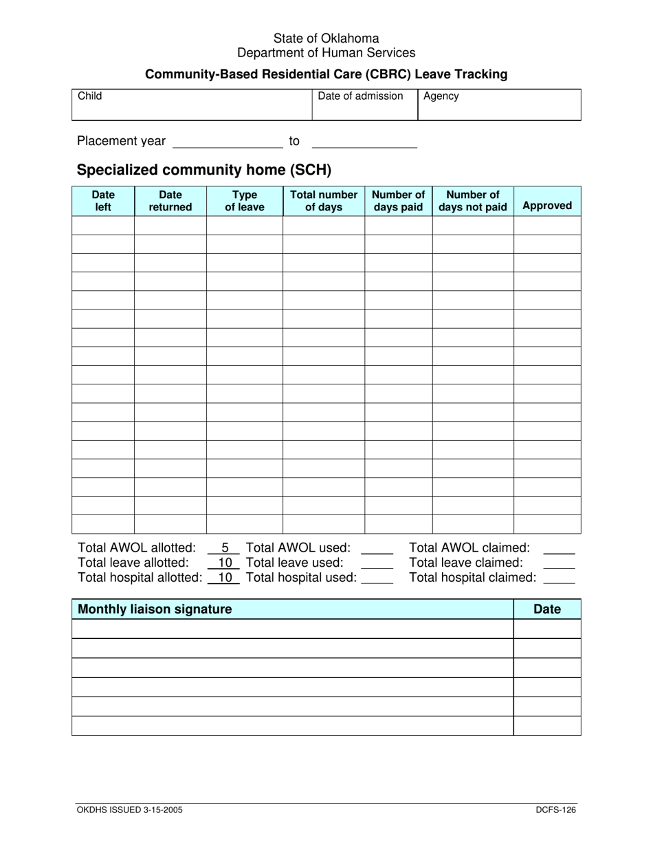 Form DCFS-126 Community-Based Residential Care (Cbrc) Leave Tracking - Oklahoma, Page 1