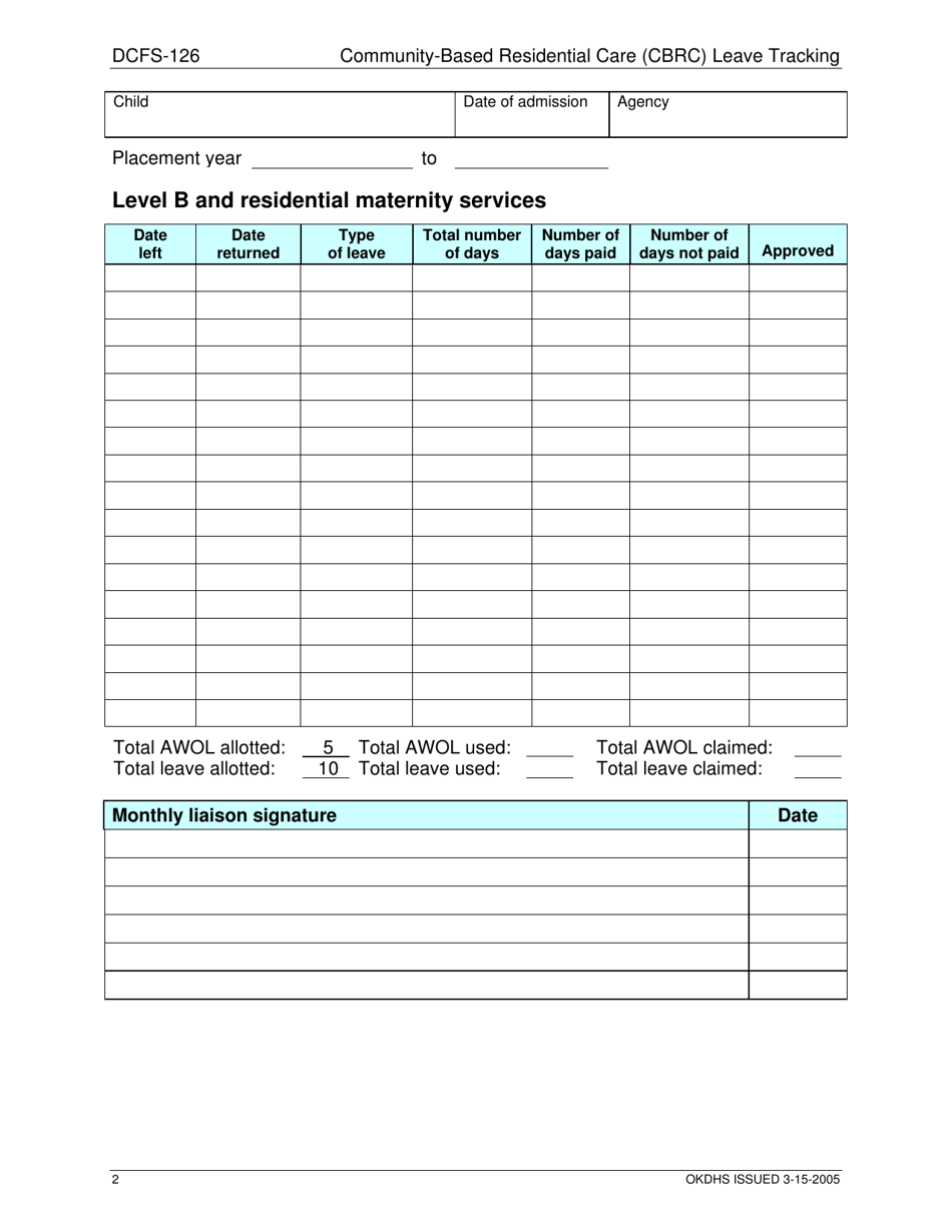 Form DCFS-126 Community-Based Residential Care (Cbrc) Leave Tracking - Oklahoma, Page 2