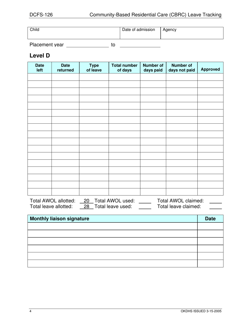 Form DCFS-126 Community-Based Residential Care (Cbrc) Leave Tracking - Oklahoma, Page 4