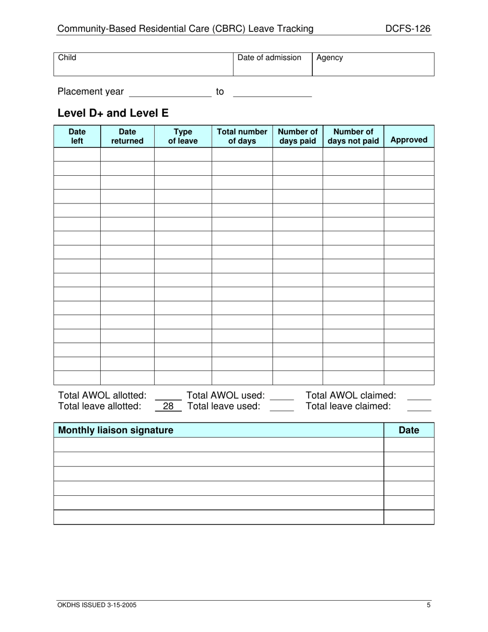 Form DCFS-126 Community-Based Residential Care (Cbrc) Leave Tracking - Oklahoma, Page 5