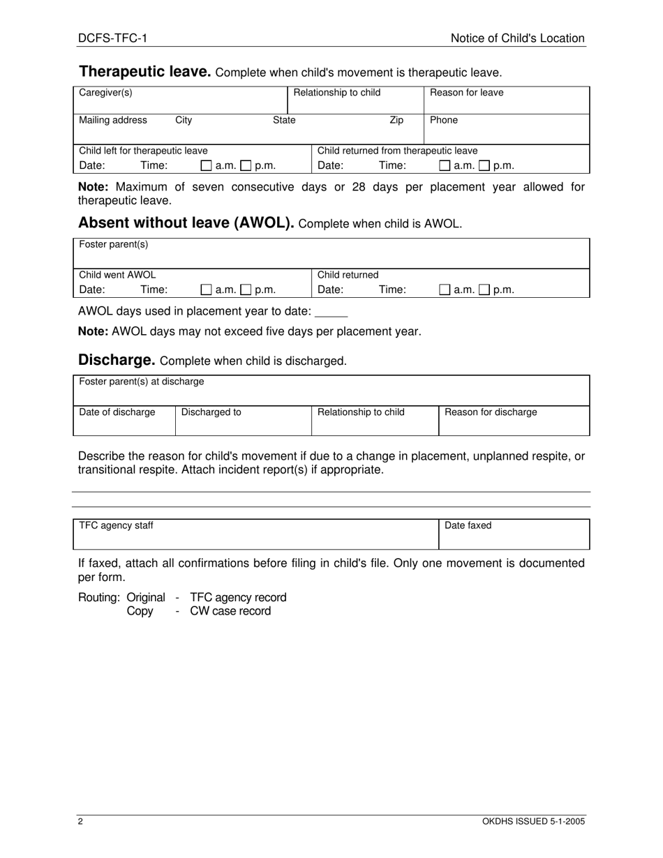 Form DCFS-TFC-1 Notice of Childs Location - Oklahoma, Page 2
