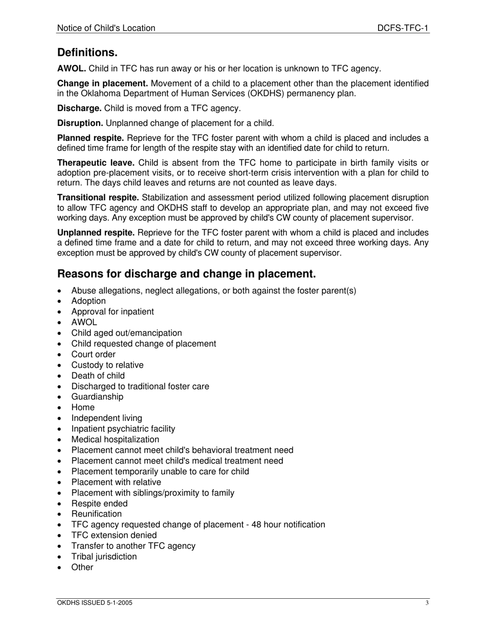 Form DCFS-TFC-1 Notice of Childs Location - Oklahoma, Page 3