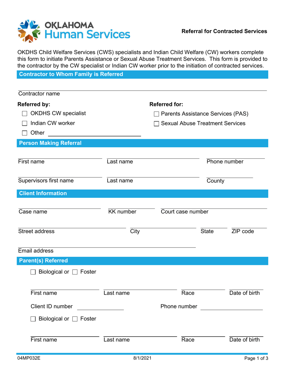 Form 04MP032E Referral for Contracted Services - Oklahoma, Page 1