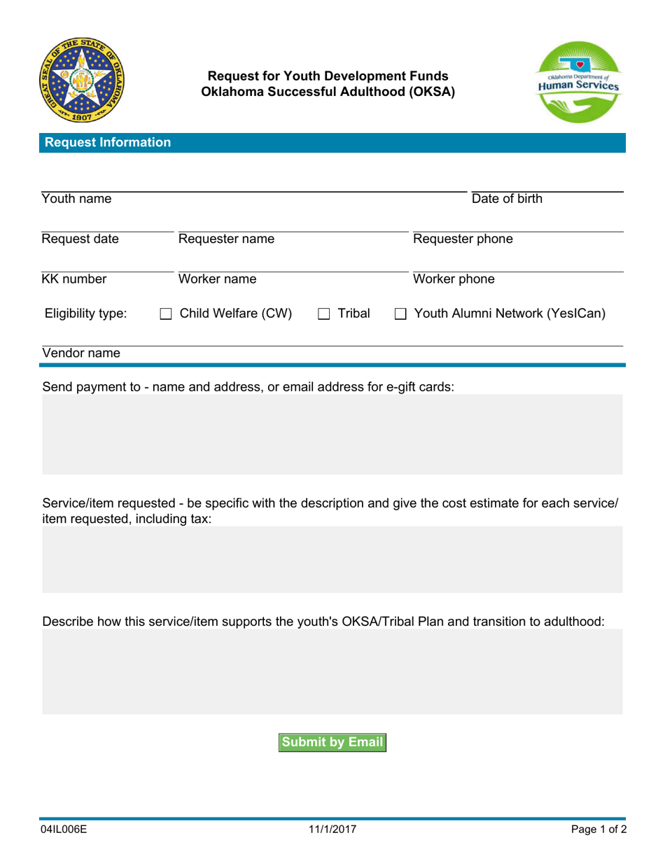 Form 04IL006E Request for Youth Development Funds Oklahoma Successful Adulthood (Oksa) - Oklahoma, Page 1