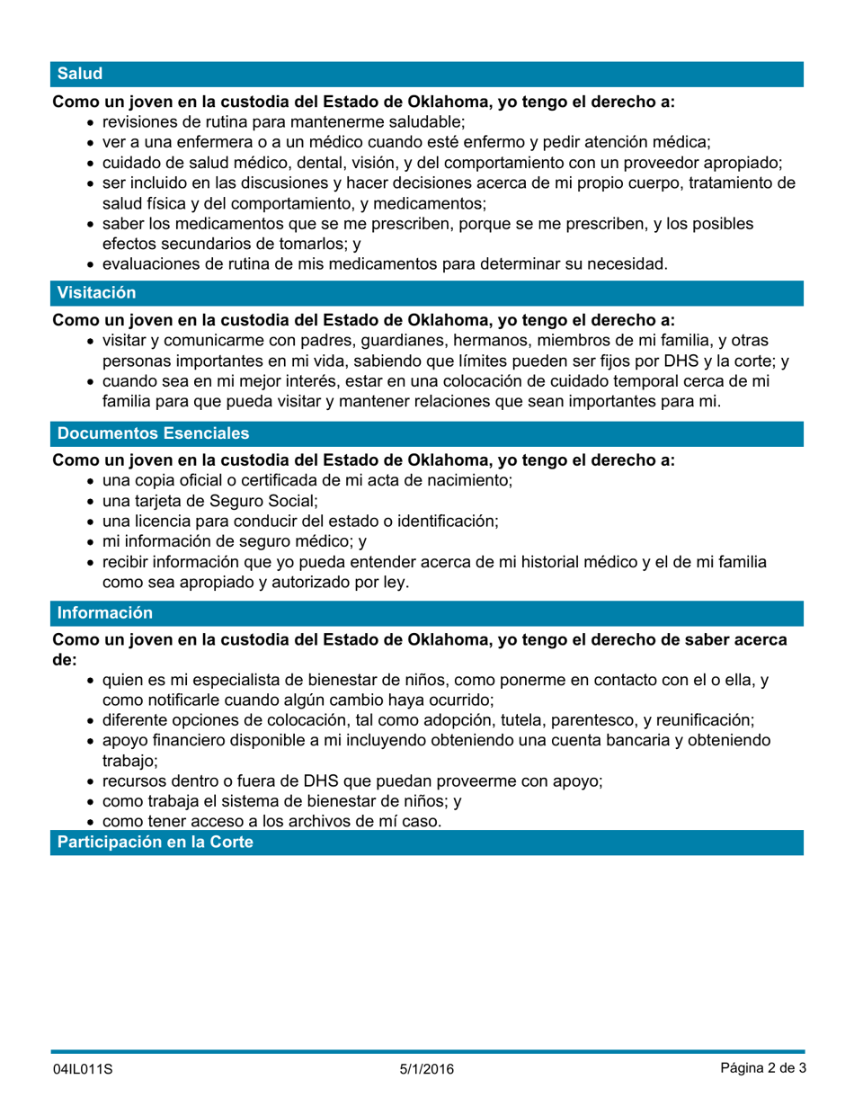 Formulario 04IL011S Derecho De Los Jovenes De Oklahoma En Cuidado Temporal - Oklahoma (Spanish), Page 2