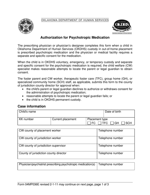 Form 04MP036E Authorization for Psychotropic Medication - Oklahoma