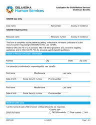 Document preview: Form 04MP042E Application for Child Welfare Services Child Care Benefits - Oklahoma