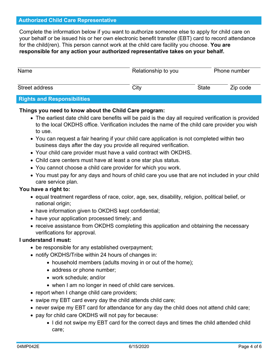 Form 04MP042E Application for Child Welfare Services Child Care Benefits - Oklahoma, Page 4