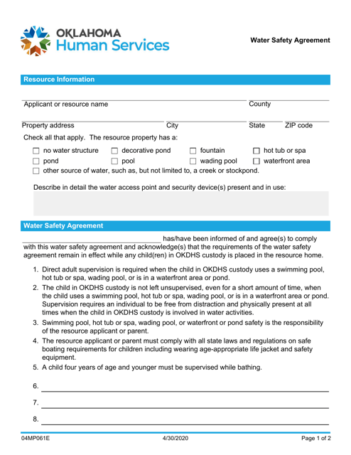 Form 04MP061E Water Safety Checklist - Oklahoma