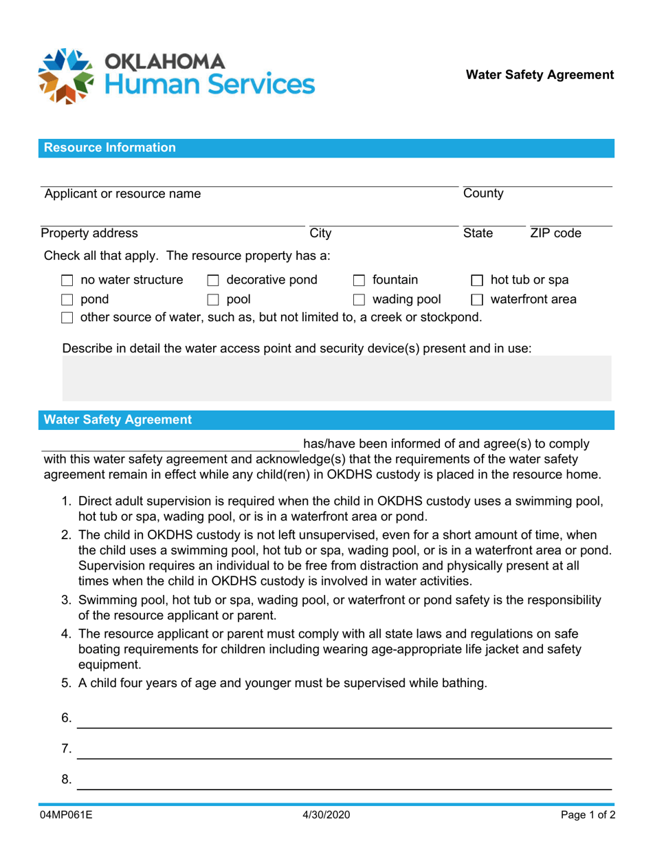 Form 04MP061E Water Safety Checklist - Oklahoma, Page 1