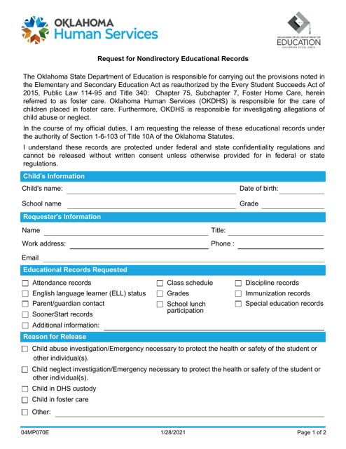 Form 04MP070E Request for Nondirectory Educational Records - Oklahoma