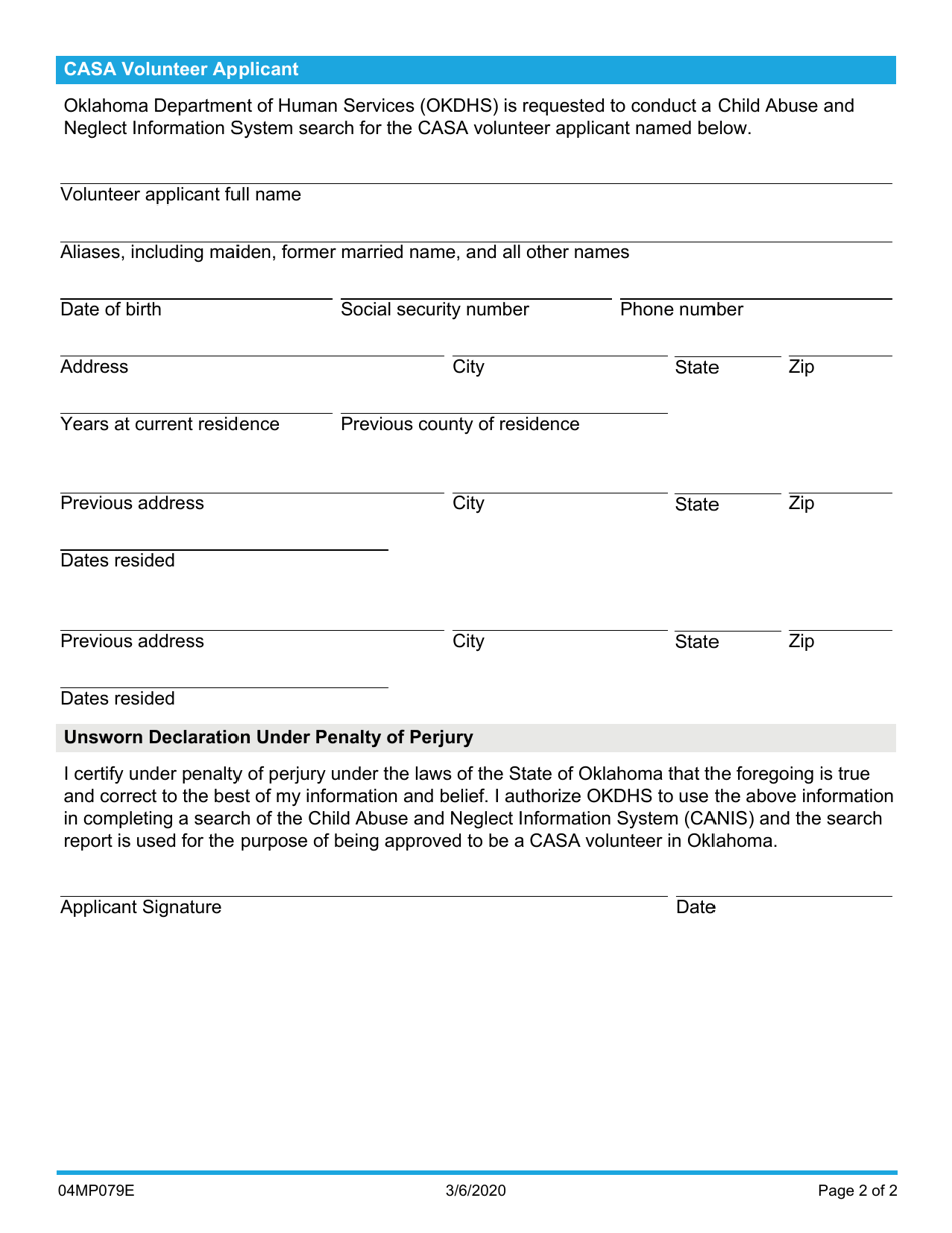 Form 04MP079E Request for Child Abuse and Neglect Information System (Canis) Search for Casa Volunteer - Oklahoma, Page 2
