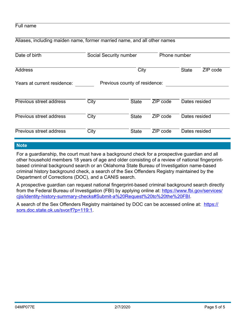 Form 04MP077E Request for Child Abuse and Neglect Information System Search (Canis) for Guardianship - Oklahoma, Page 5