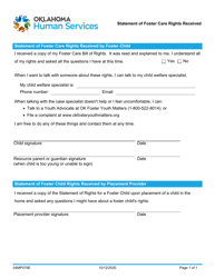 Document preview: Form 04MP076E Statement of Foster Care Rights Received - Oklahoma
