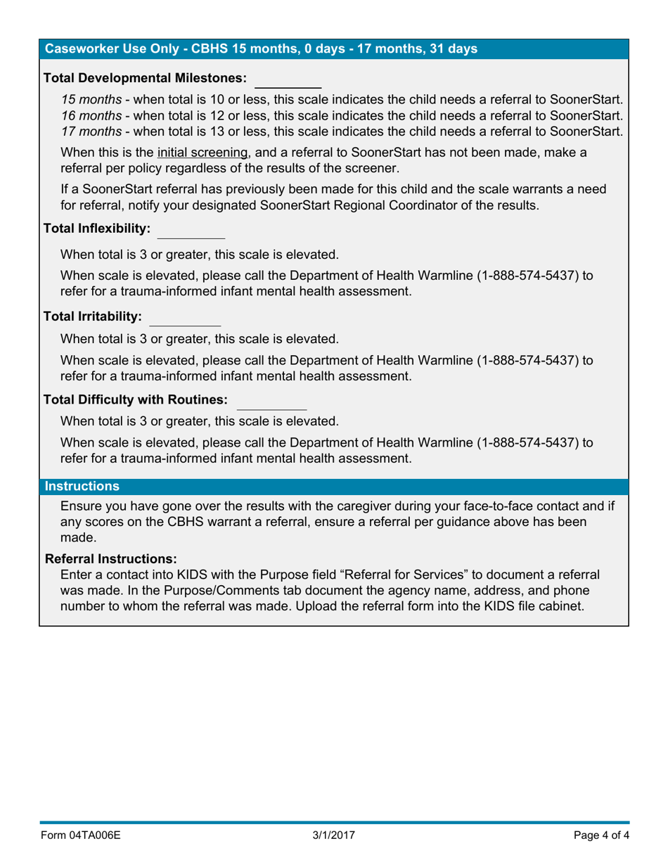 Form 04TA006E Child Behavioral Health Screener (15 Months, 0 Days - 17 Months, 31 Days) - Oklahoma, Page 4
