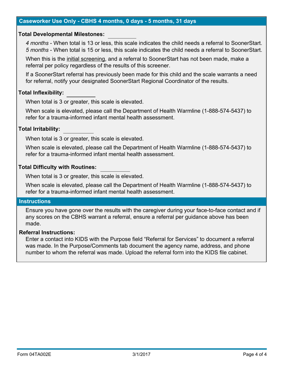 Form 04TA002E Child Behavioral Health Screener (4 Months, 0 Days - 5 Months, 31 Days) - Oklahoma, Page 4