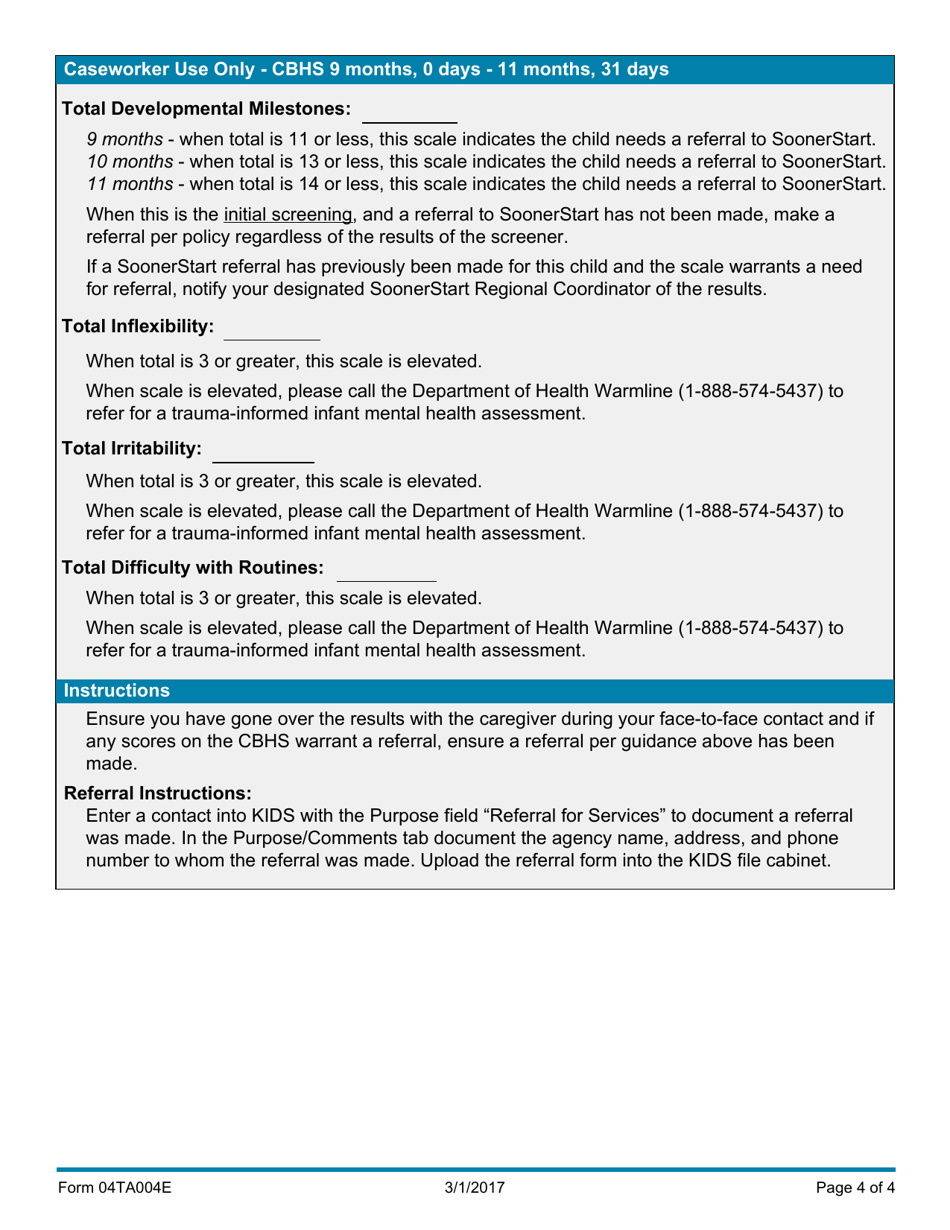 Form 04TA004E Child Behavioral Health Screener (9 Months, 0 Days - 11 Months, 31 Days) - Oklahoma, Page 4