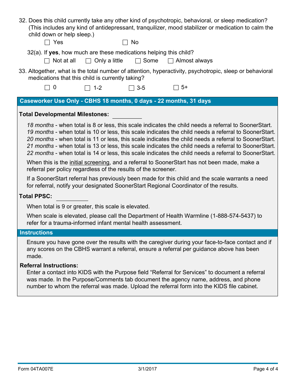Form 04TA007E Child Behavioral Health Screener (18 Months, 0 Days - 22 Months, 31 Days) - Oklahoma, Page 4
