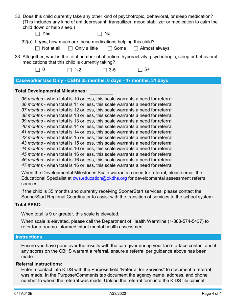 Form 04TA010E Child Behavioral Health Screener (35 Months, 0 Days - 47 Months, 31 Days) - Oklahoma, Page 4