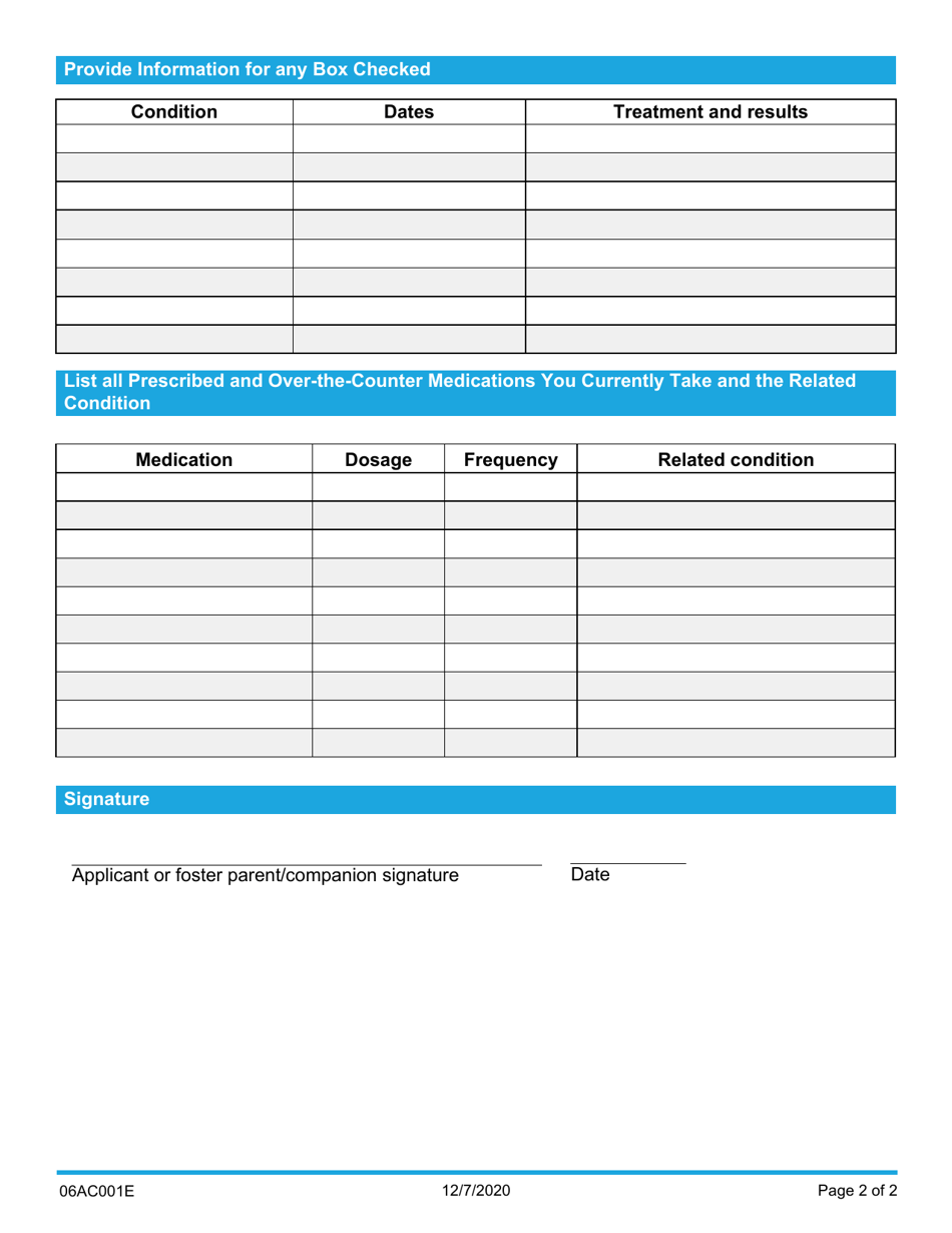 Form 06AC001E Foster Parent / Companion Health History - Oklahoma, Page 2