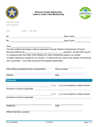 Document preview: Form 04TB001E Resource Family Applicant(S) Letter to Verify Tribal Membership - Oklahoma