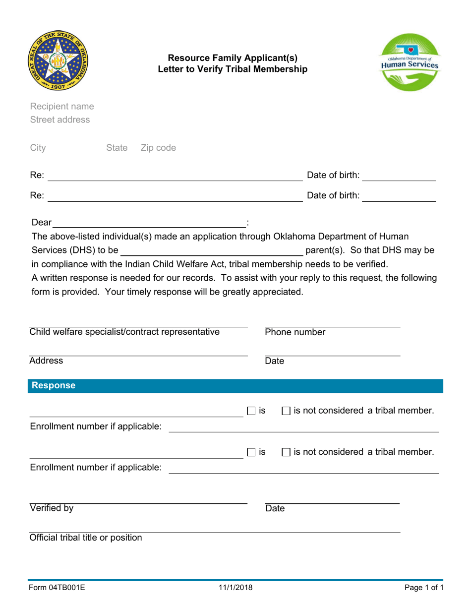 Form 04TB001E Resource Family Applicant(S) Letter to Verify Tribal Membership - Oklahoma, Page 1